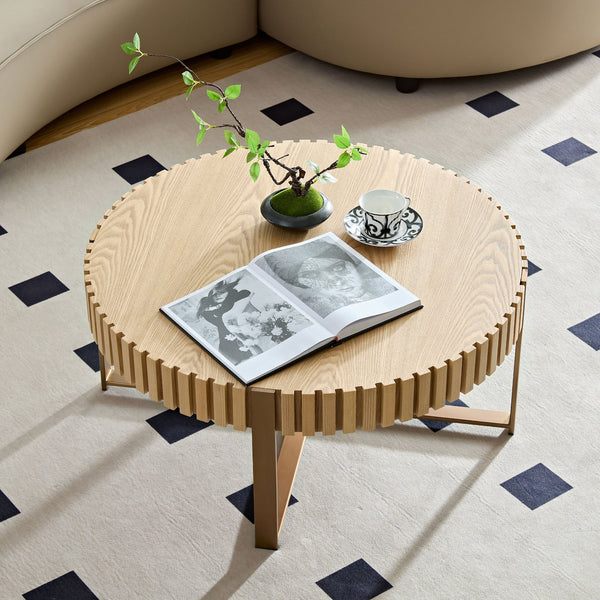 English Elm Modern Handcraft Drum Coffee Table 31.5" Round Sturdy Pedestal Accent Table for Living Room Decor Natural Ash W2582P167668