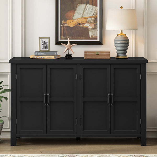 English Elm U_STYLE Mid-Century 4-Door Storage Sideboard with Adjustable Shelves, Retro Handles, Sturdy Pine Legs Black N711P218615B