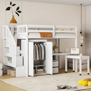 English Elm Queen Murphy Bed with Integrated Desk Cabinet Shelves Space Saving Studio Solution White N708S00013K