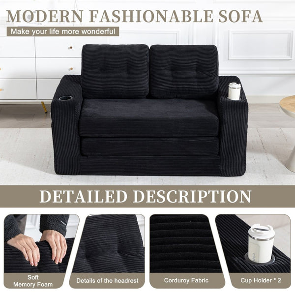 English Elm Convertible Floor Sofa Bed with Memory Foam and Ribbed Corduroy for Small Spaces Black W395P438026