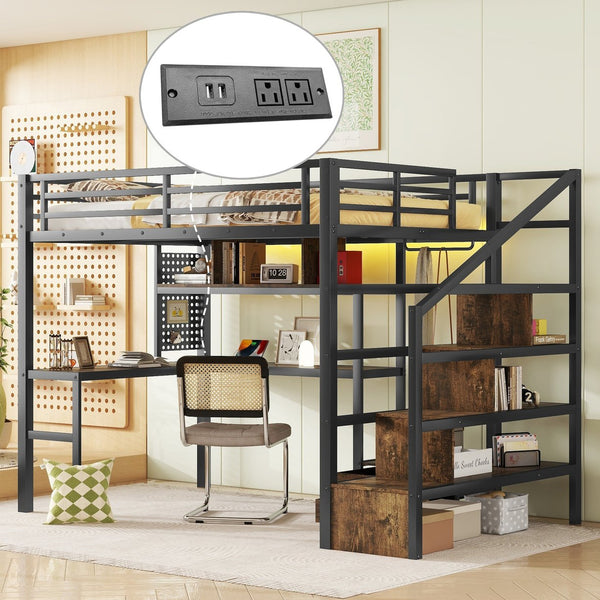 English Elm Full Size Loft Bed With Desk, Wardrobe & Led Light – Space-Saving Metal Design For Kids' Rooms! W2593S00019