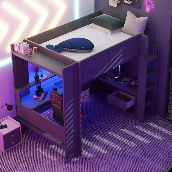 English Elm Wood Full Size Loft Bed with Built-in Desk Led Lighting and Charging Station SM000374AAE-1