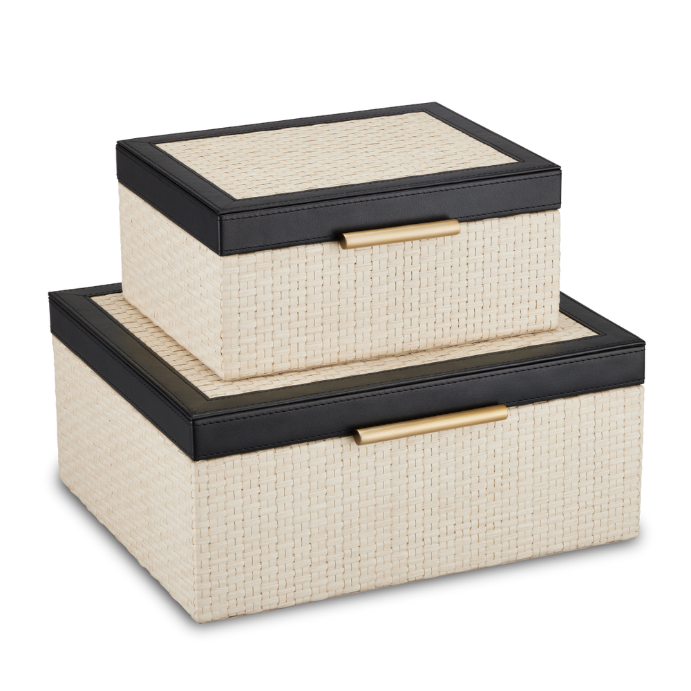 Deanna Decorative Box Set of 2 – Handcrafted Ivory Raffia Storage with Black Leather & Brass Accents