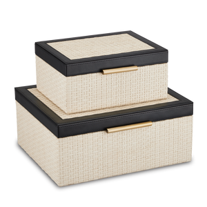 Deanna Decorative Box Set of 2 – Handcrafted Ivory Raffia Storage with Black Leather & Brass Accents