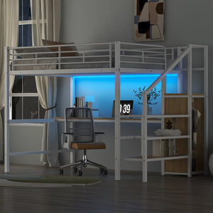English Elm Full Size Metal Loft Bed With Desk, Storage Staircase, Wardrobe & Led Light For Small Spaces GX000620AAK-1