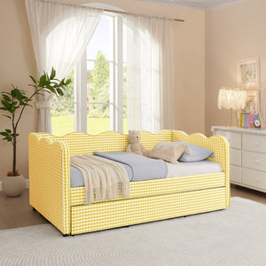 English Elm Cozy Gingham Linen Daybed with Pull Out Trundle Usb Port Wave Back Twin Sofa Yellow W1413S00121