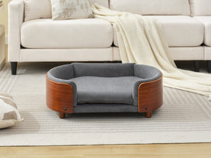 English Elm Scandinavian Mid-century Pet Sofa with Walnut Bentwood Back and Navy Velvet Cushion Dark Grey W794125938