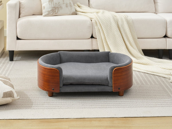 English Elm Scandinavian Mid-century Pet Sofa with Walnut Bentwood Back and Navy Velvet Cushion Dark Grey W794125938
