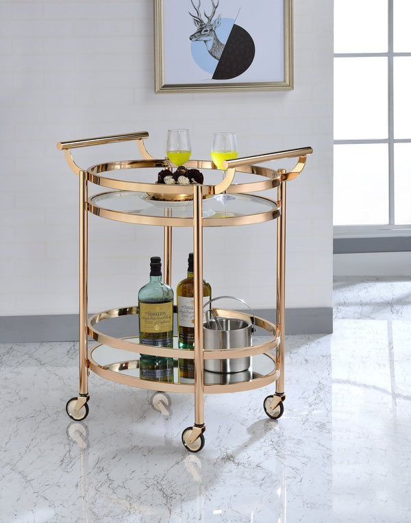 English Elm Lakelyn Rose Gold Serving Cart with Clear Tempered Glass & Mirrored Shelf, 2-Tier Mobile Bar Cart B2726P408080
