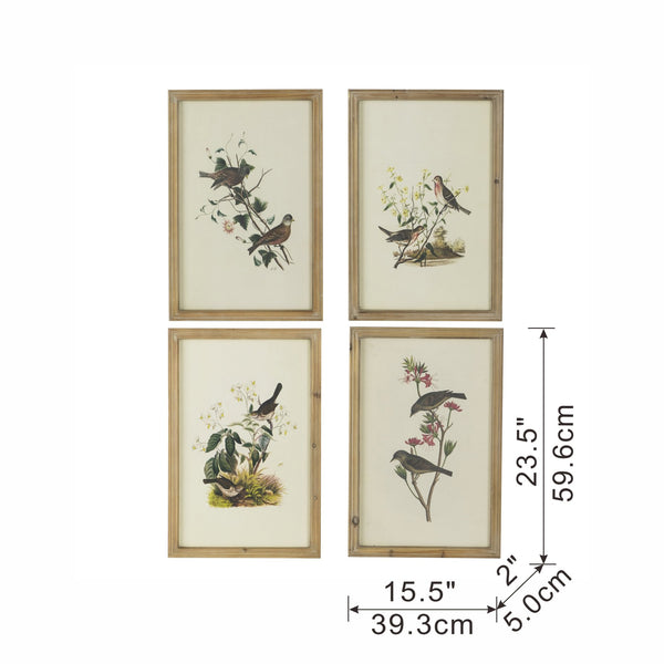 English Elm S/4 Bird Framed Print Set with Brown Fir Wood Frames, Four Nature Bird Artworks for Transitional Decor W2078P205314