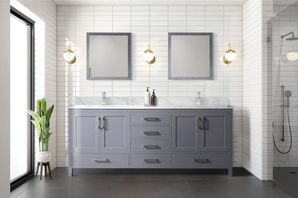 English Elm Dark Grey Double Bath Vanity With Carrara Marble Top, Chrome Faucet & 30" Mirrors – Elegant Storage Solutions B2731S01056