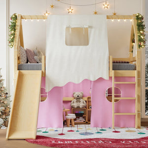 English Elm Twin Pine Loft Bed with House Frame Tent Led Lights Slide and Floor Space Below W1580S00289