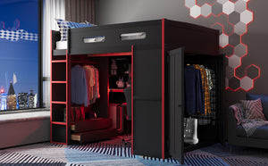 English Elm Full Size Gaming Loft Bed with Rgb Lighting Desk Wardrobe and Built-in Storage Red LT100261AAR