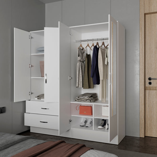 English Elm White Four-Door Wardrobe with Mirrors and Drawers — Spacious Melamine Closet for Organized Living B062S01279