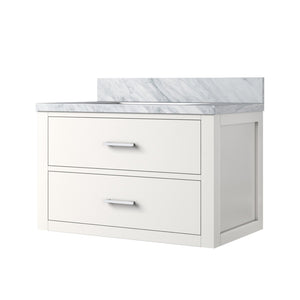 English Elm White Single Vanity With Carrara Marble Top, 30" W X 22" D - Elegant Design, Soft-Close Drawers! B2731P257940-GIGA