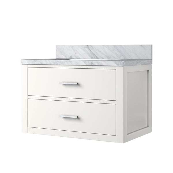 English Elm White Single Vanity With Carrara Marble Top, 30" W X 22" D - Elegant Design, Soft-Close Drawers! B2731P257940-GIGA