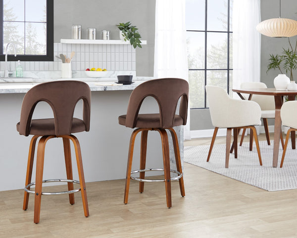 English Elm Fixed-height Swivel Counterstools Walnut Legs Espresso Velvet Chrome Footrest Pair B202S01795