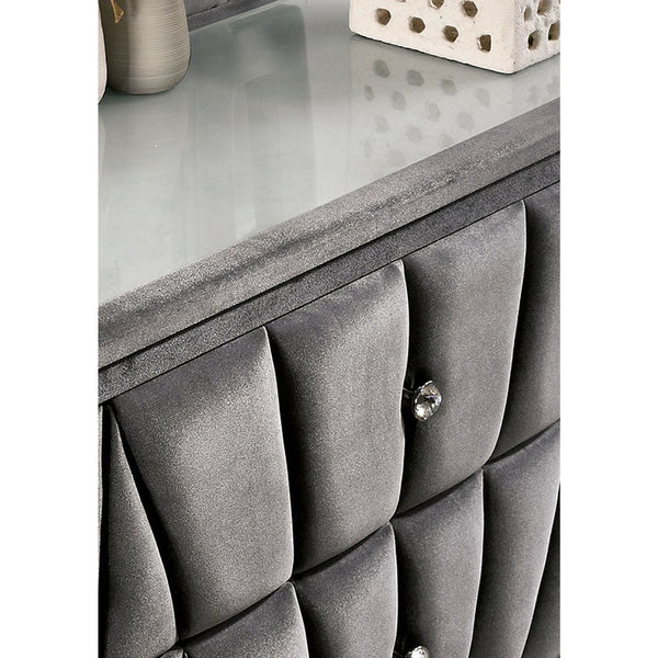 English Elm Fabric Art Deco Velvet Nightstand with 2 Drawers, Gray — Glam Vintage Upholstery, Chrome Feet, Diamond Pulls B016P252815