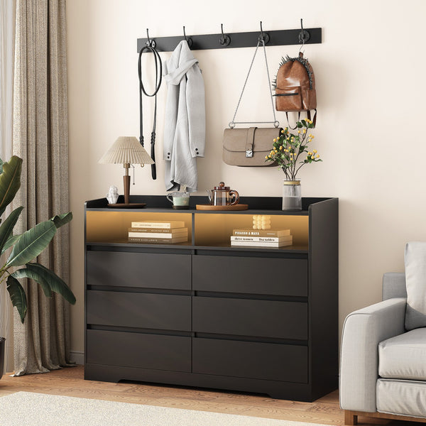 English Elm Living Room Sideboard Storage Cabinet Black with 6 Drawers, RGB Light Strip, Sturdy MDF Design W1321P288794