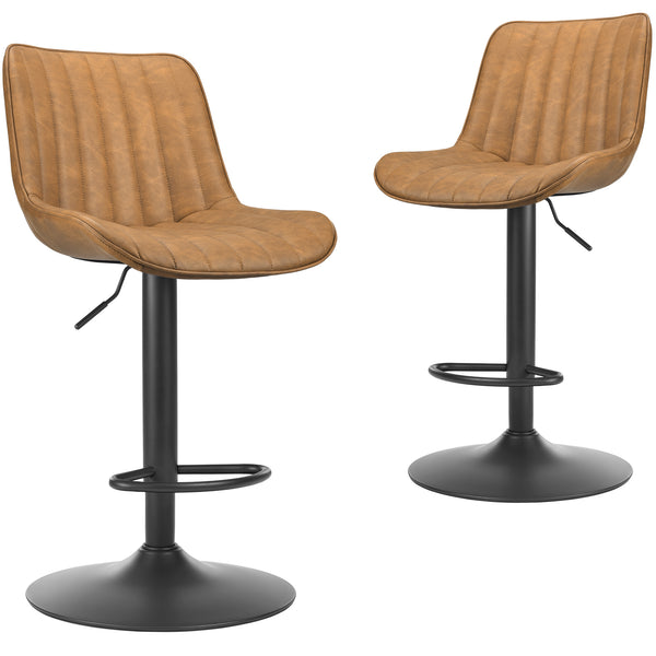 English Elm Bar Stools Set Of 2 - Stylish Swivel Adjustable Height Chairs In Brown Pu Leather For Kitchen & Bar T3623P363863
