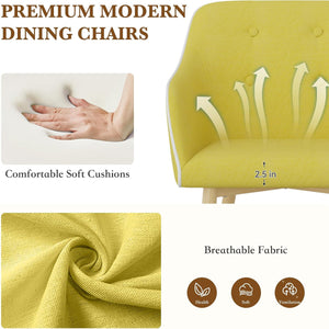 English Elm Dining Chairs Set of 2 Mid-Century Modern Upholstered Linen Side Chairs with Thick Foam Cushions, Wooden Legs and Armrests for Dining Room Comfort Yellow T3950P405212