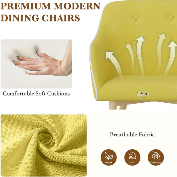 English Elm Dining Chairs Set of 2 Mid-Century Modern Upholstered Linen Side Chairs with Thick Foam Cushions, Wooden Legs and Armrests for Dining Room Comfort Yellow T3950P405212