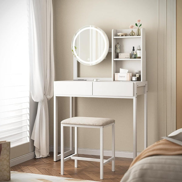 English Elm Small Bedroom Vanity Desk with Led Mirror Cushioned Stool Power Outlet and Storage White W3587P462329