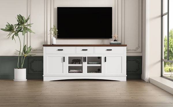 English Elm Christopher Knight Home® - Modern White 67" TV Console with Walnut Top, 4 Doors, 3 Drawers & Adjustable Shelves Storageelligent N779P296233W