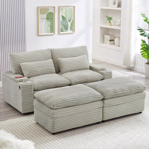 English Elm Loveseat Convertible Sectional Sofa Bed with Storage, Two Ottomans, Dual USB Ports & Cup Holders Grey N719S002140E