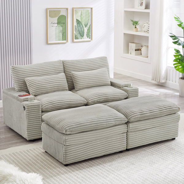 English Elm Loveseat Convertible Sectional Sofa Bed with Storage, Two Ottomans, Dual USB Ports & Cup Holders Grey N719S002140E