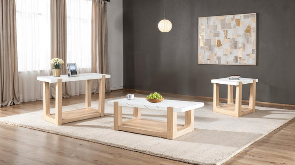 English Elm 1pc End Table with Faux Marble Top, Two-Tone Modern Accent Piece, 24” Square Stylish Living Room Natural,White 28 L x 28 W x 14 H B2741P402818