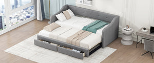 English Elm Twin XL Upholstered Daybed with Two Drawers — Convertible King Sofa Bed, Buttoned Back, Linen Upholstery Gray DL002056AAE