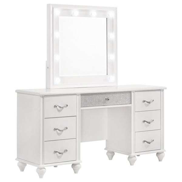 English Elm Charlotte White 7-Drawer Vanity Desk with LED Mirror, Glossy Modern Glam Makeup Table for Luxe Rooms B062S01008