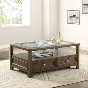 English Elm Modern Birch Veneer Cocktail Table with Glass Top Drawers and Open Shelf Storage B011P460075
