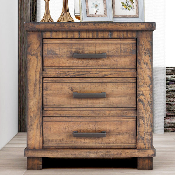 English Elm Rustic Reclaimed Pine Three Drawer Nightstand with Wrought Iron Pulls Farmhouse Bedroom N701P455591D