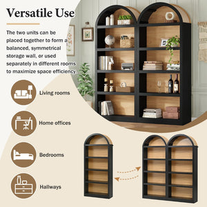 English Elm On-trend Farmhouse Two-tone Bookcase Set Arched Fabric Crown Open 5-tier Shelving Black+Natural N721P411205B