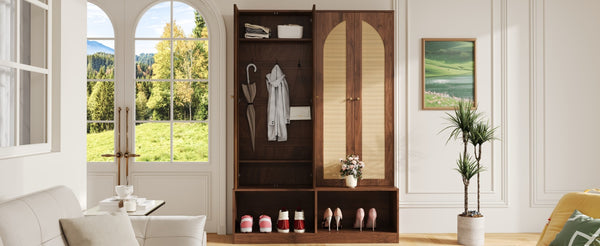 English Elm [Assembly Video] Farmhouse Widen Hall Tree with Rattan Doors, 4-in-1 Bench with 6 Hooks, Shoe Storage and Adjustable Shelves for Entryway (55.1") Walnut N721P297555D