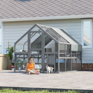 English Elm Cat, Cat Outdoor Wooden Enclosure with Seven Platforms Resting Boxes and Waterproof Canopy W1598S00040