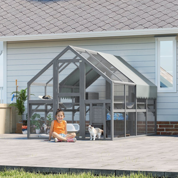 English Elm Cat, Cat Outdoor Wooden Enclosure with Seven Platforms Resting Boxes and Waterproof Canopy W1598S00040