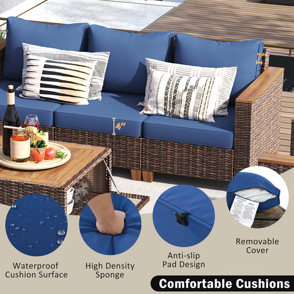 English Elm K&K 8-Piece Wicker Patio Set with 360° Swivel Rockers, Acacia Storage Table, Durable Cushions Blue+Brown N707S000016E