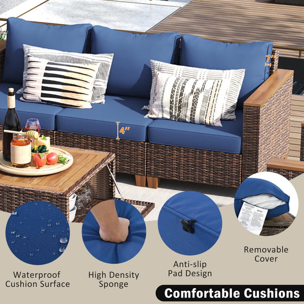 English Elm K&k 8 Piece Outdoor Wicker Sectional Set with Swivel Rockers and Acacia Storage Table Blue+Brown N707S005016E