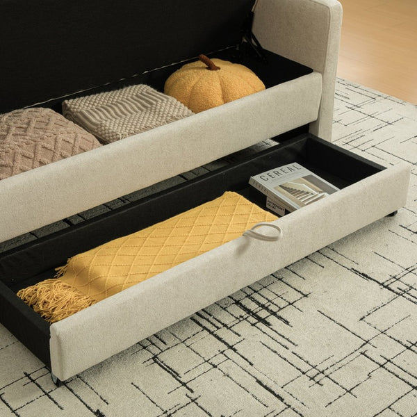 English Elm 58.27" Wide Napped Fabric Upholstered Storage Bench Rolled Armrest Caster Wheels Entryway Griege W3189P445991