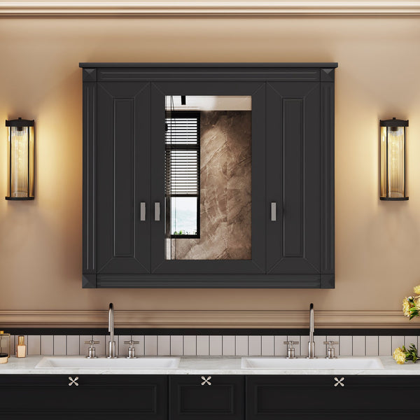 English Elm Bathroom Wall Cabinet with Mirror and 5 Shelves — Wall-Mounted Medicine Cabinet, Modern Storage Solution Black N710P252503B