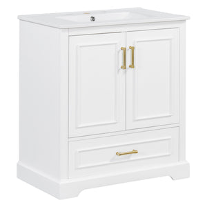 English Elm 30" Modern Bathroom Vanity with Ceramic Sink, Soft-Close Doors, Divided Drawer & Dual Door Shelves White N729P321376K