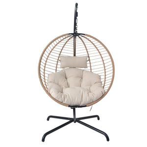 English Elm Christopher Knight Home® - Sora Beige-Brown Wicker Hanging Chair with Stand — Durable PE Rattan, Iron Frame, Plush Fade-Resist Cushion N775P225487B