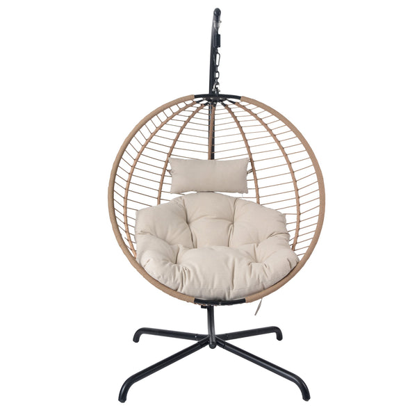 English Elm Christopher Knight Home® - Sora Beige-Brown Wicker Hanging Chair with Stand — Durable PE Rattan, Iron Frame, Plush Fade-Resist Cushion N775P225487B