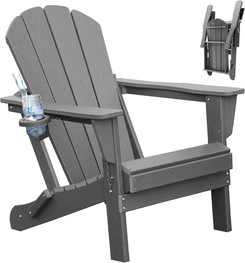 English Elm Adirondack Hdpe Folding Chair Set Outdoor Patio Fire Pit Seating with Cup Holder Gray W1859P453283