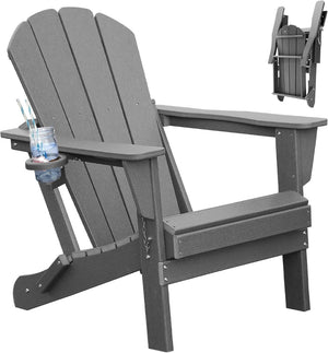English Elm Adirondack Hdpe Folding Chair Set Outdoor Patio Fire Pit Seating with Cup Holder Gray W1859P453283