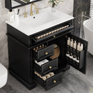 English Elm 30" Freestanding Bathroom Vanity Acacia Wood Matte Black Finish Gold Knobs Ceramic Sink N759P227429B