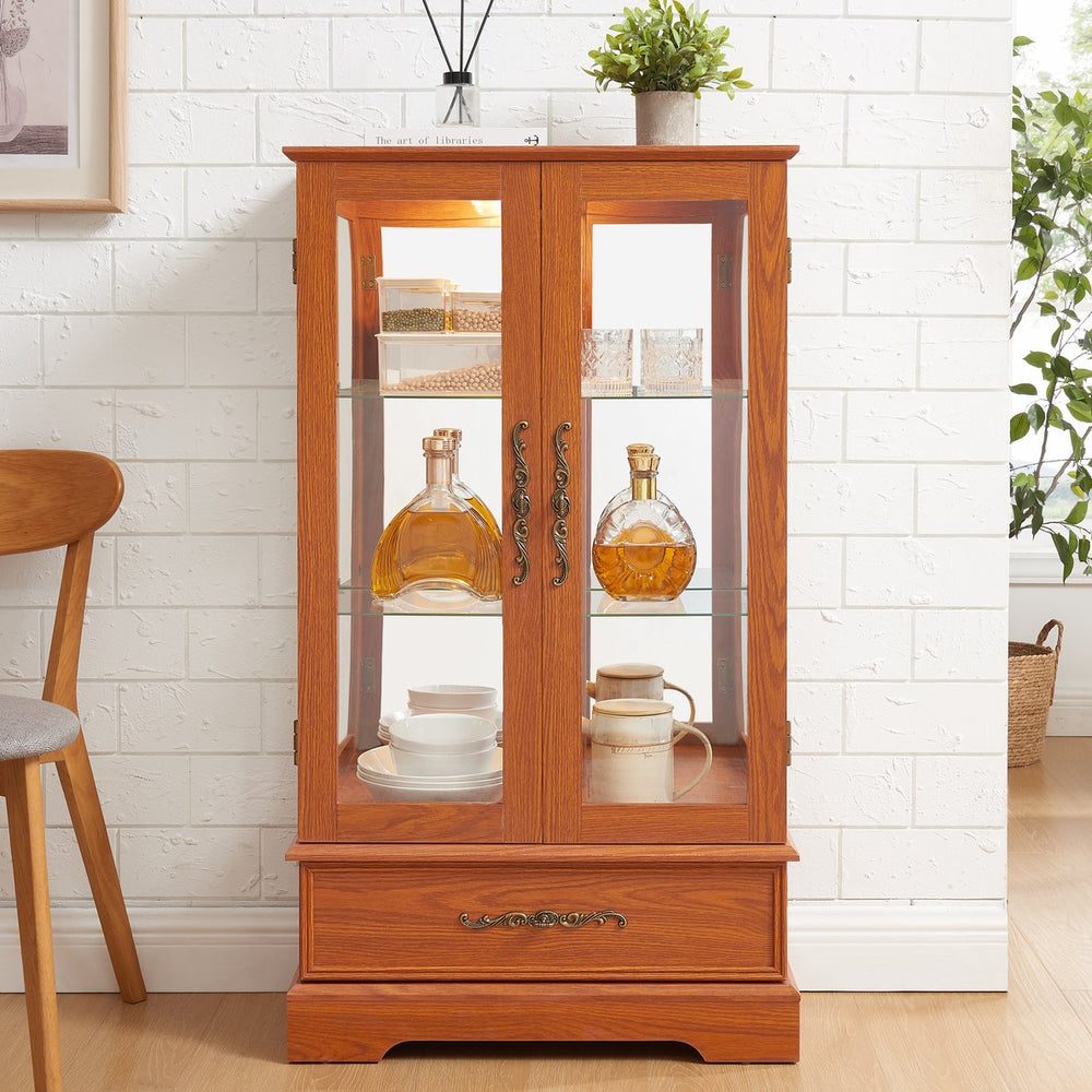 English Elm Lighted Glass Curio Cabinet - Elegant Dark Oak Display With Adjustable Shelves, Built-In Drawer & Bulb W1758P300114